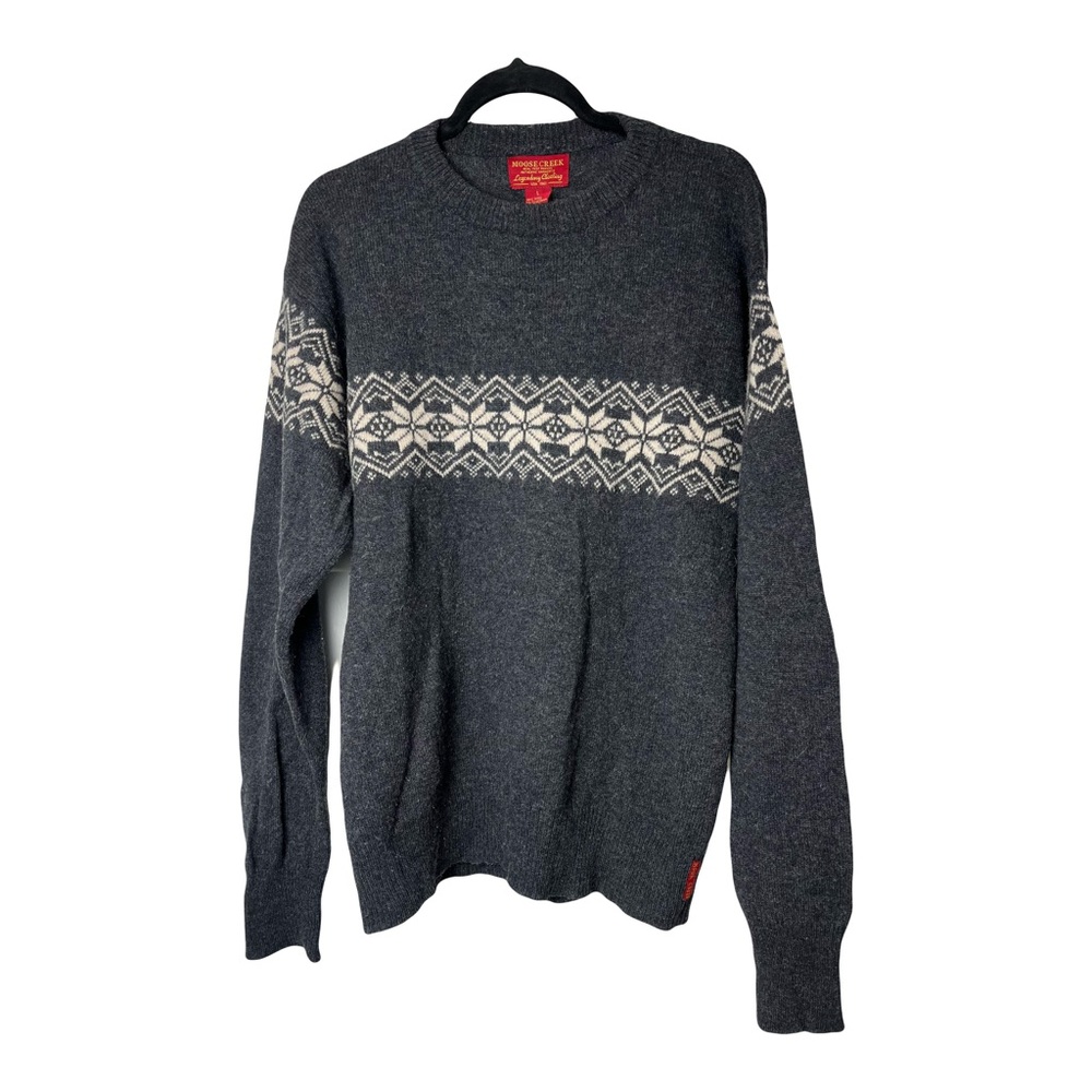 Moose Creek | Gray Wool Nordic Fair Isle Classic Crewneck Sweater, Men’s Large